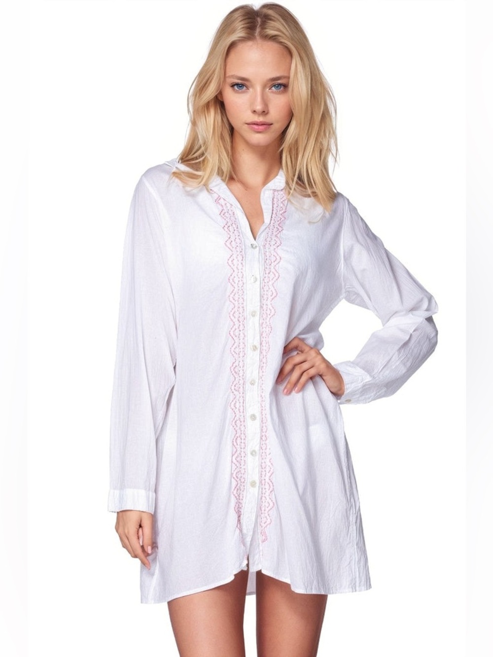 NWT Suble Luxury L/XL Ziggy Hand-Stitch Embroidery Shirtdress Long Sleeves